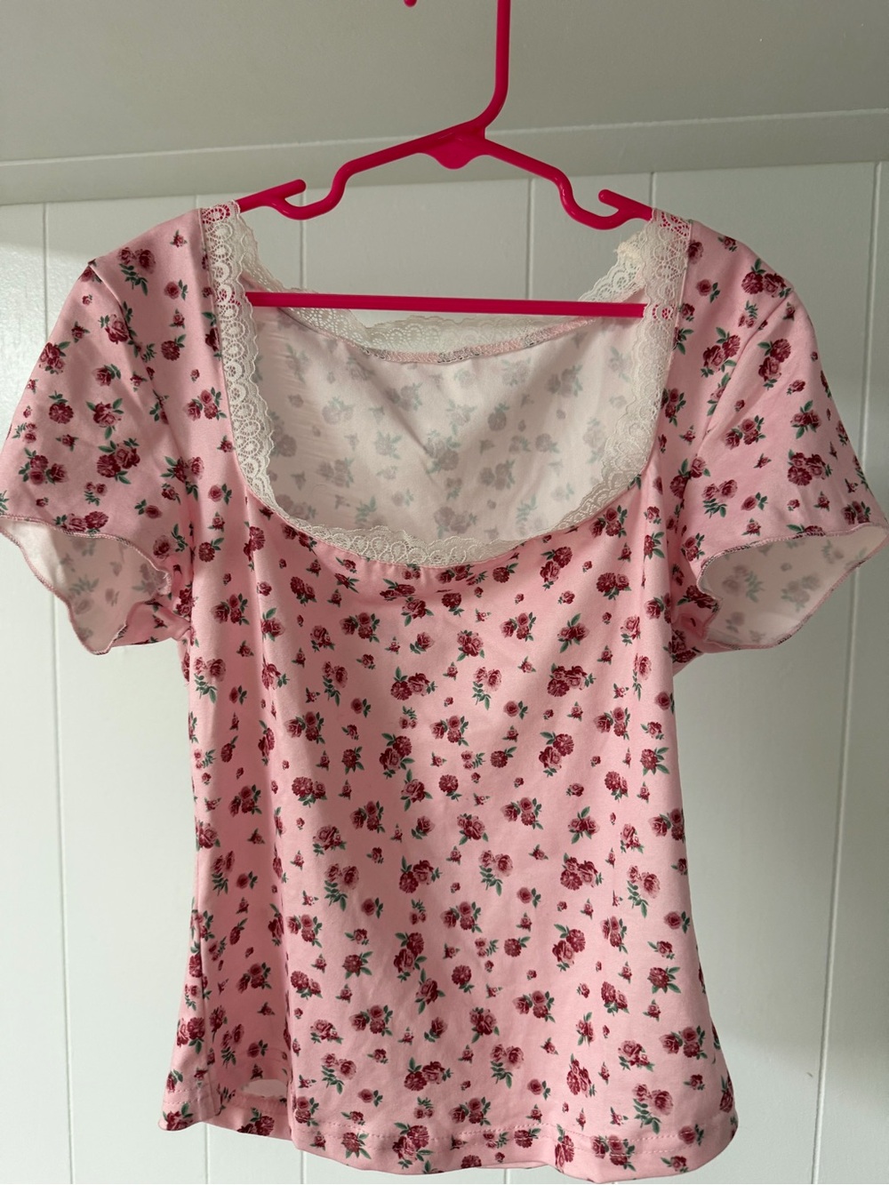 SHEIN Pink Floral Lace-Trim Sleep Top